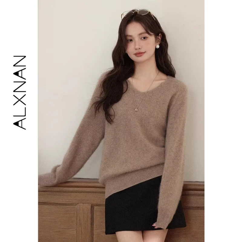 

ALXNAN Cashmere Brushed Sweaters New V-neck Drop Shoulder Versatile Woman's Sweaters Autumn Winter Comfortable Pullovers L58332