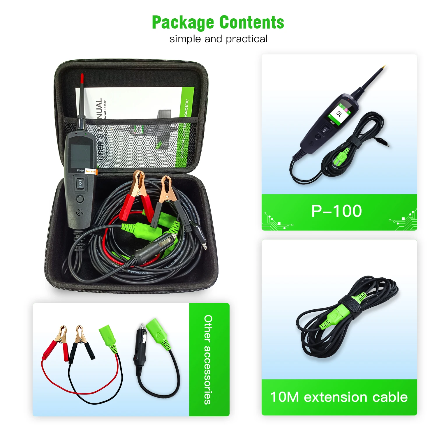 TopDiag P100 10m Car Electrical Circuit Tester Automotive Power Scan Probe Circuit Kit 12V 24V Battery Tester Diagnostic Tool