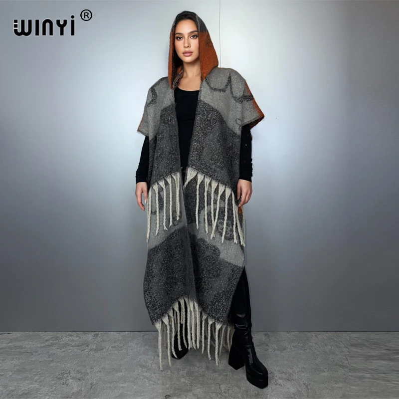 WINYI Afrykański zimowy płaszcz z kapturem dla kobiet, kardigan, abaja, luksusowy strój z Dubaju, płaszcz z otwartym przodem, kimona, długa kurtka puchowa, sukienka-poncho