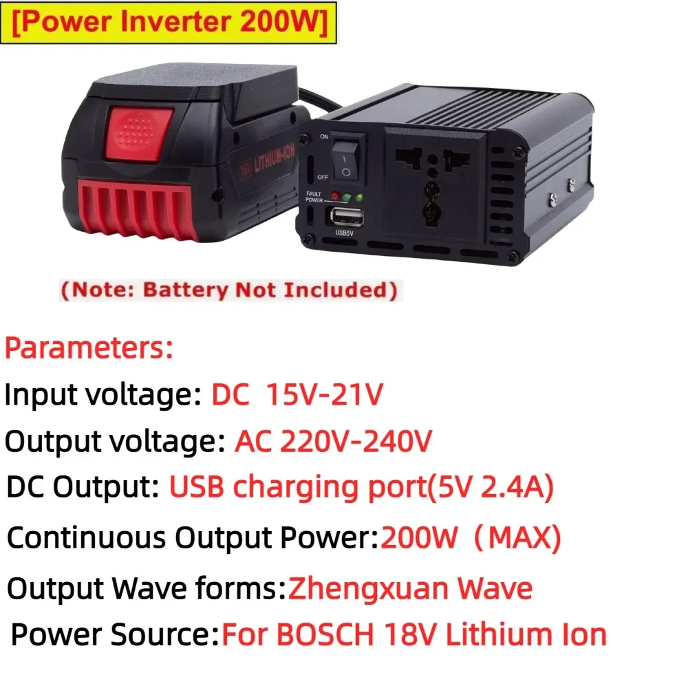 Adaptador de tomada de inversor de energia portátil 200W para íon de lítio BOSCH 18V, DC 18V para AC 220V alimentado com USB 5V 2.4A