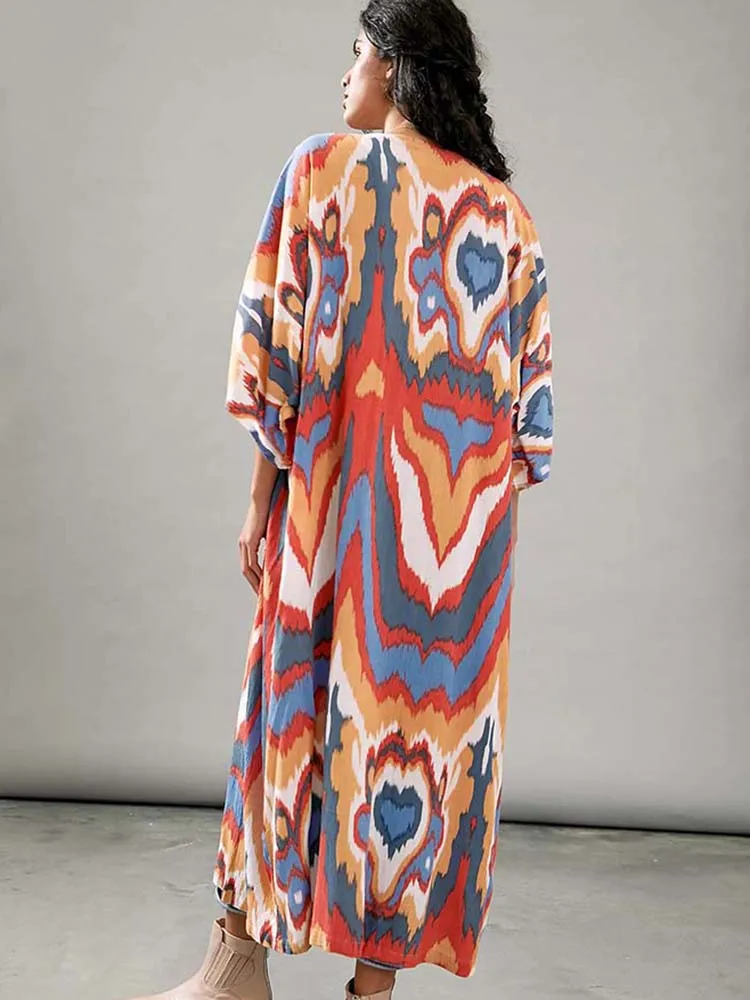 2024 Beach Kimono Bikini Cover Up Robe Beachwear Kaftan Long Dress Swimsuit Cover Up Print Tunic For Beach Sarong Pareo Dress