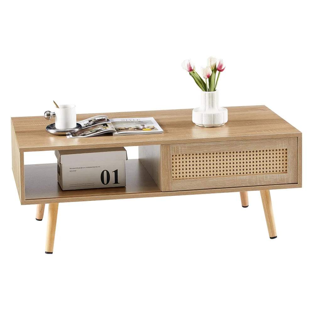 

41.34" Rattan Coffee table, sliding door for storage, solid wood legs, Modern table for living room, natural, Café Tables