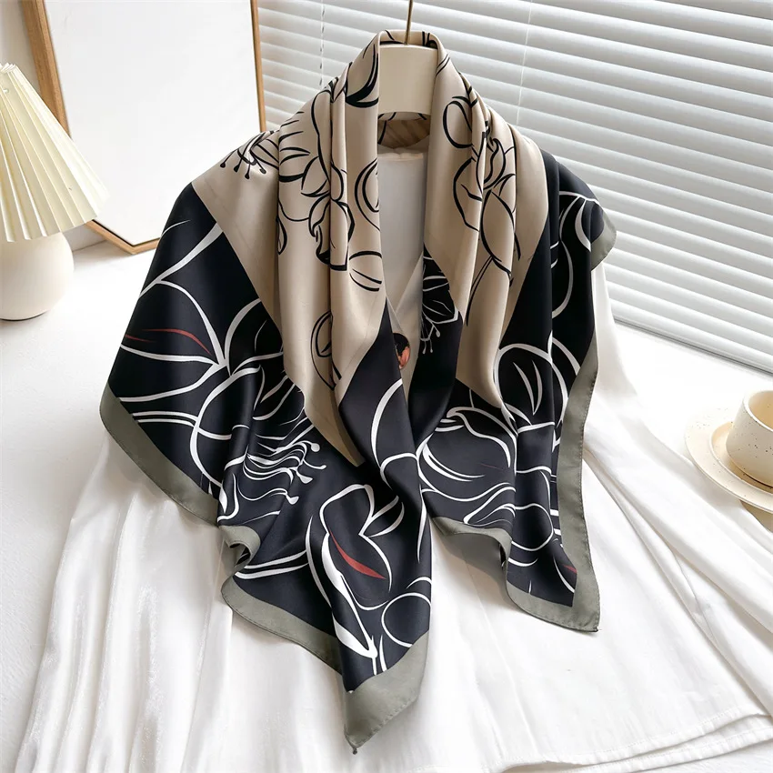

2026 New Fashion Luxury Printing 90*90CM Women Scarf Satin Twill Square Big Shawl Elegant Headscarf Beach Sun Protection Bandana