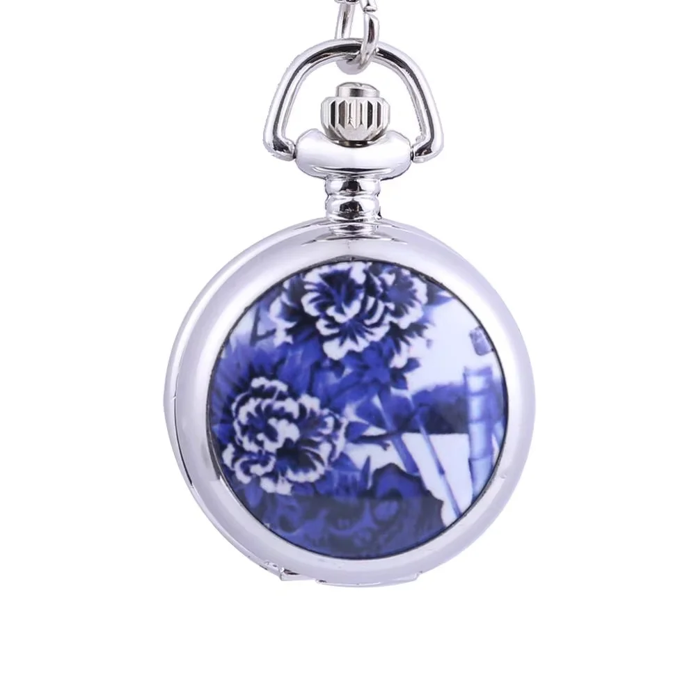 

Trend retro silver pocket watch blue flower pattern open cover pocket watch belt chain men and women accessories