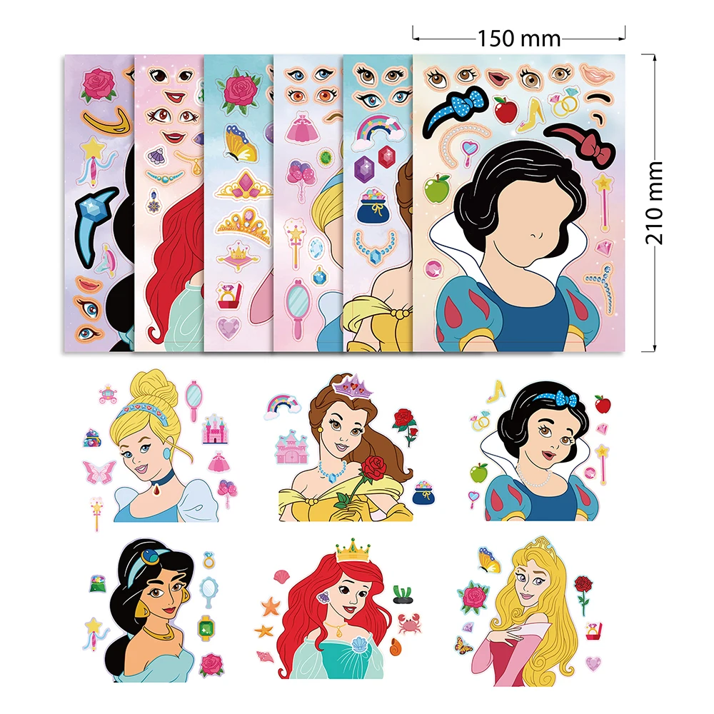 6/12 arkuszy naklejki Puzzle Disney Cute Princess Puzzle naklejki na twarz Kawaii Kid montaż Puzzle naklejki edukacyjne dla dzieci zabawka na imprezę