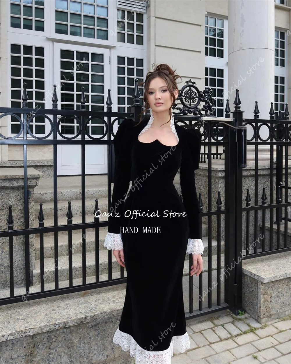 Qanz Customized Classical Evening Dress Black Velour Sweetheart Full Sleeves Lace Tea Length Dress Party Night Birthday Outfits