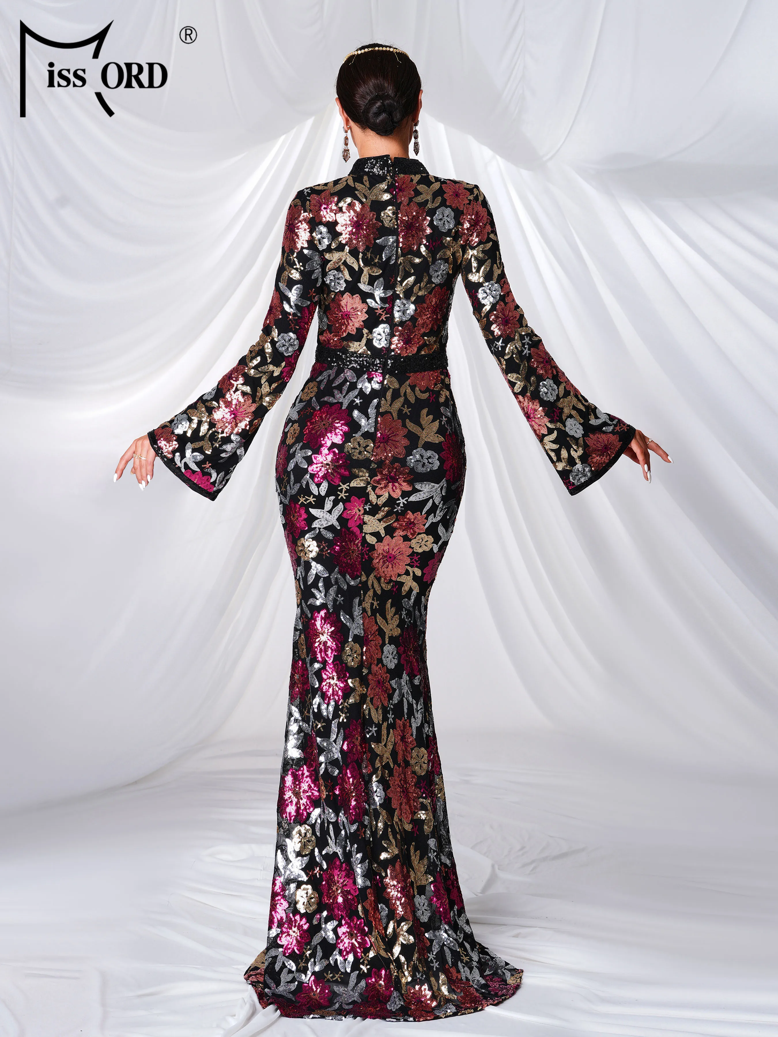 

Missord Round Neck Floral Sequin Mermaid Evening Gown Wedding Birthday Party Muslim Middle Eastern Formal Occasion Maxi Dress