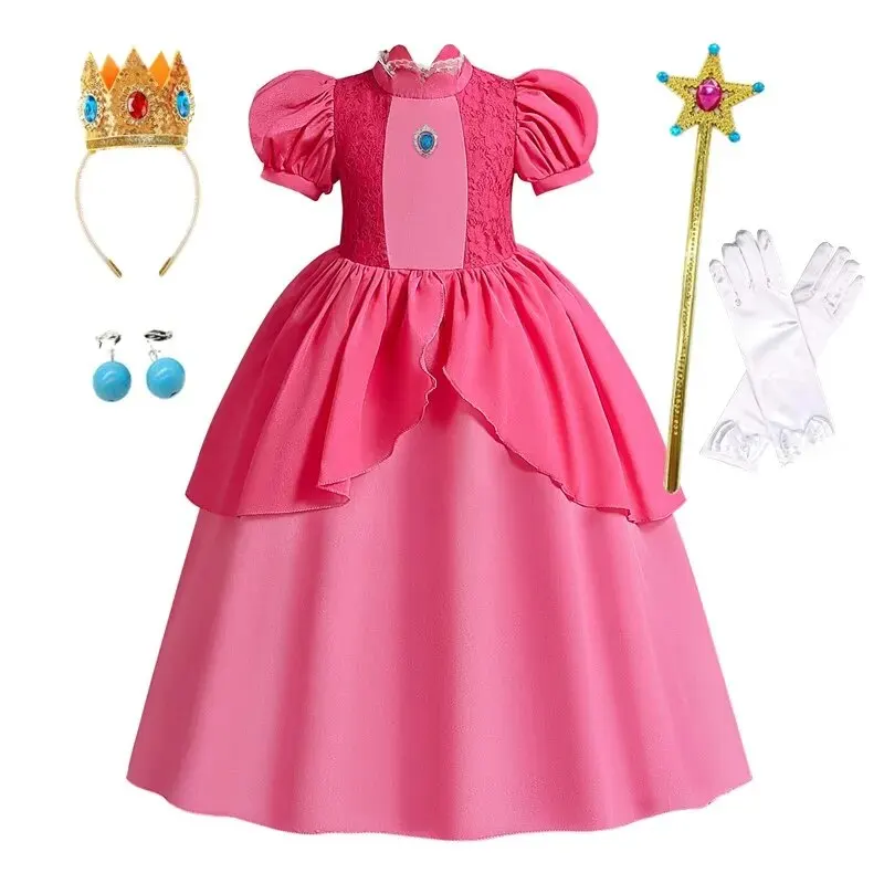 Peach Princess Cosplay Dress for Girls Birthday Role-play Clothes Halloween Kids Costume Carnival Masqureade Party Costume