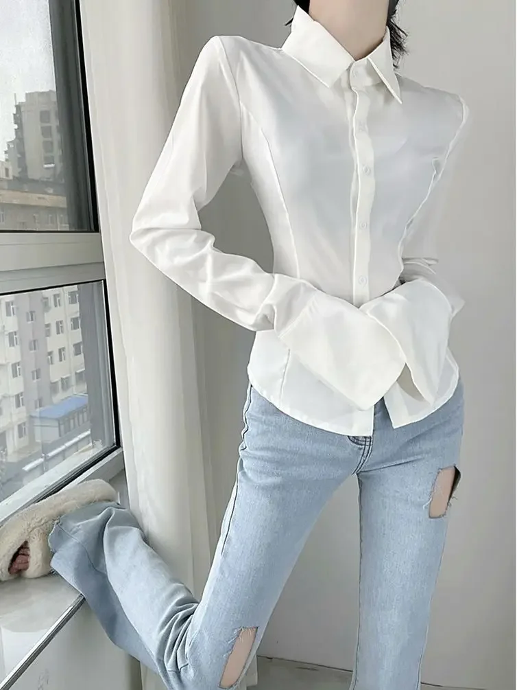 قميص نسائي لخريف 2025 قمصان بخصر نحيف وأربطة أنيقة على الموضة الكورية بياقة مقلوبة قمصان De Mujer #4