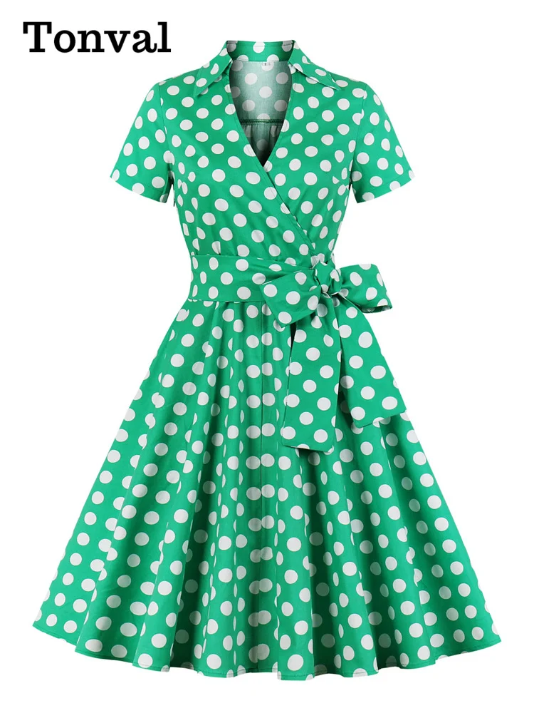 

Tonval Green Surplice Neck Wrap Belted Vintage Robes Polka Dot Elegant Dress Women Short Sleeve Summer Pin Up Midi Dresses