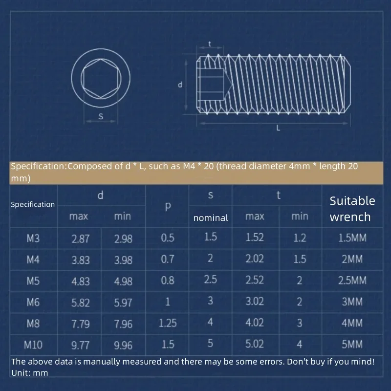 Grub Screw M1.6 M2 M2.5 M3 M4 M5 M6 M8 M10 M12 M14 M16 304 Stainless Steel Hex Hexagon Socket Set Screw Connect Bolts