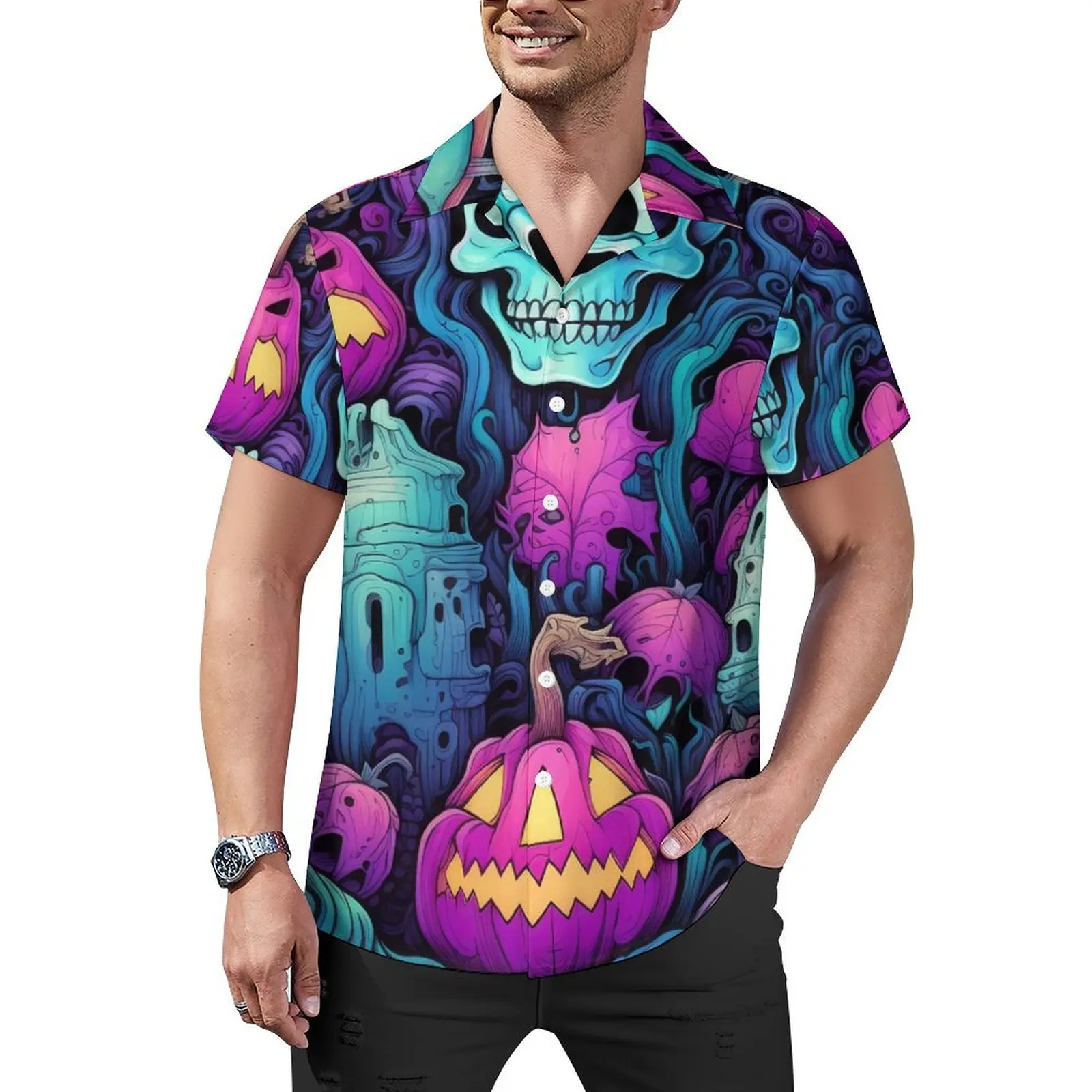 

Halloween Hawaiian Shirt For Man Beach Skulls and Pumpkins Casual Shirts Short Sleeve Breathable Classic Oversized Blouses