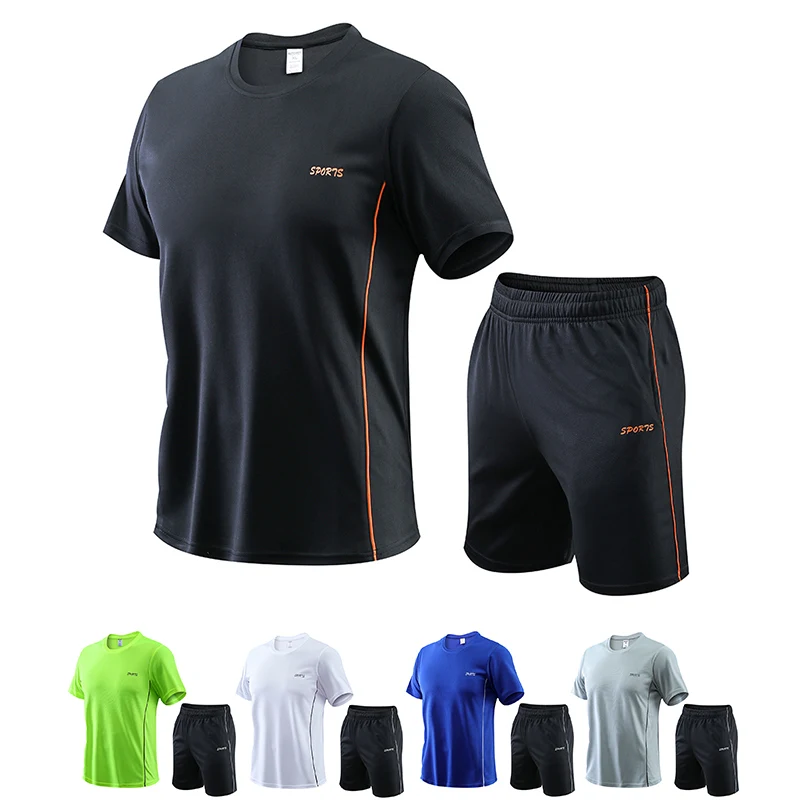 Couple loose casual sports set SPORT trend embroidered round neck T-shirt quick drying breathable ice silk shorts, two pieces