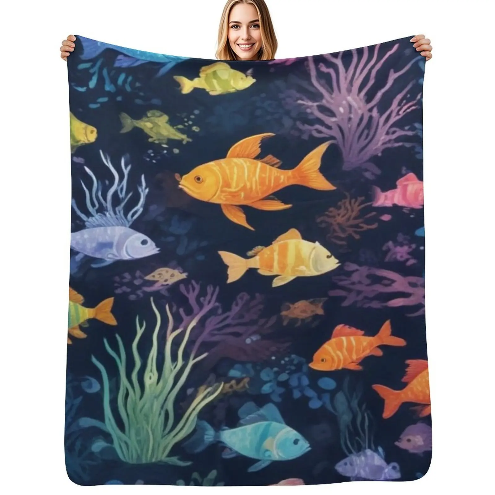

Aqua fishes and coral reef ecosystem print design Throw Blanket Warm Accent Blanket for Living Room Decoration