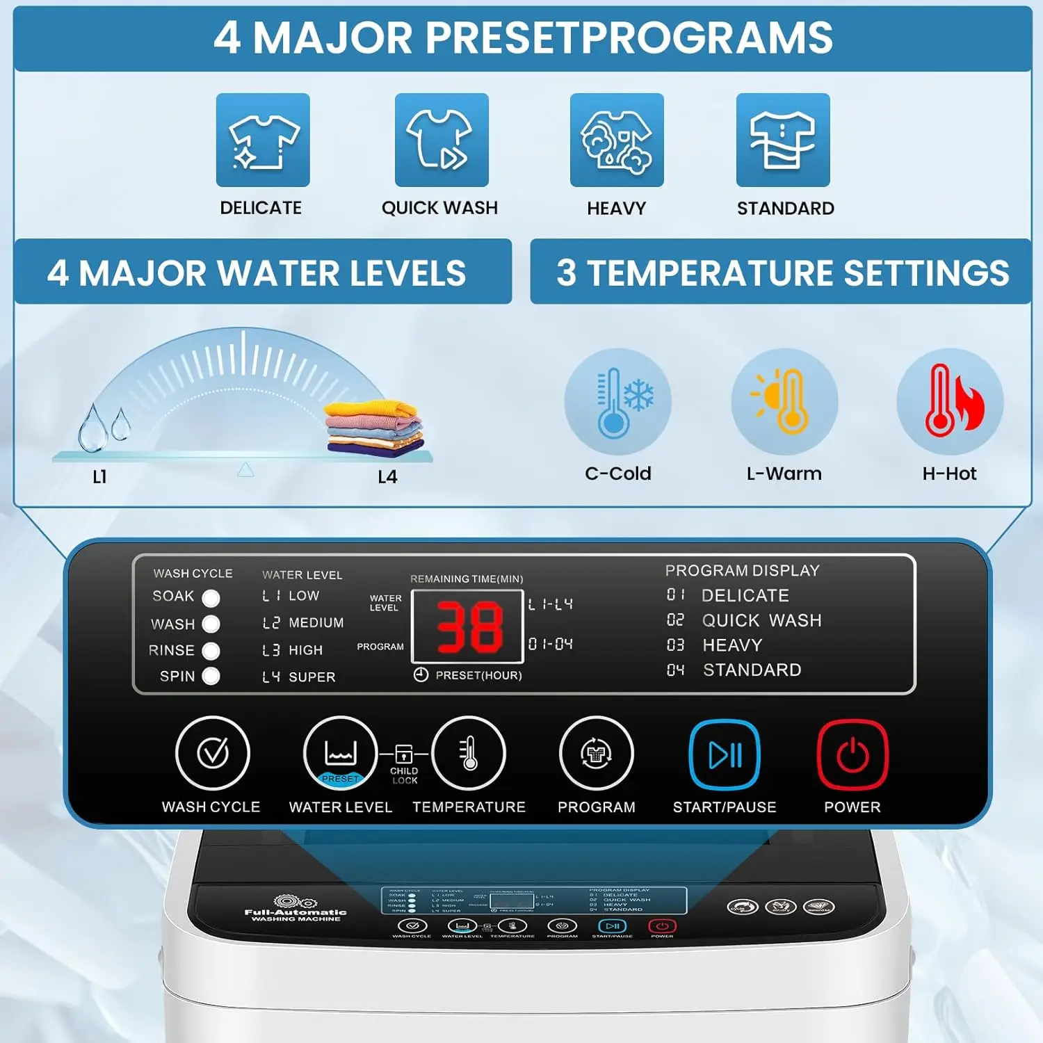 

Portable Washing Machine, 20Lbs Capacity Portable Washer with Drain Pump, 4 Wash Programs 4 Water Levels 3 Water Temperatures