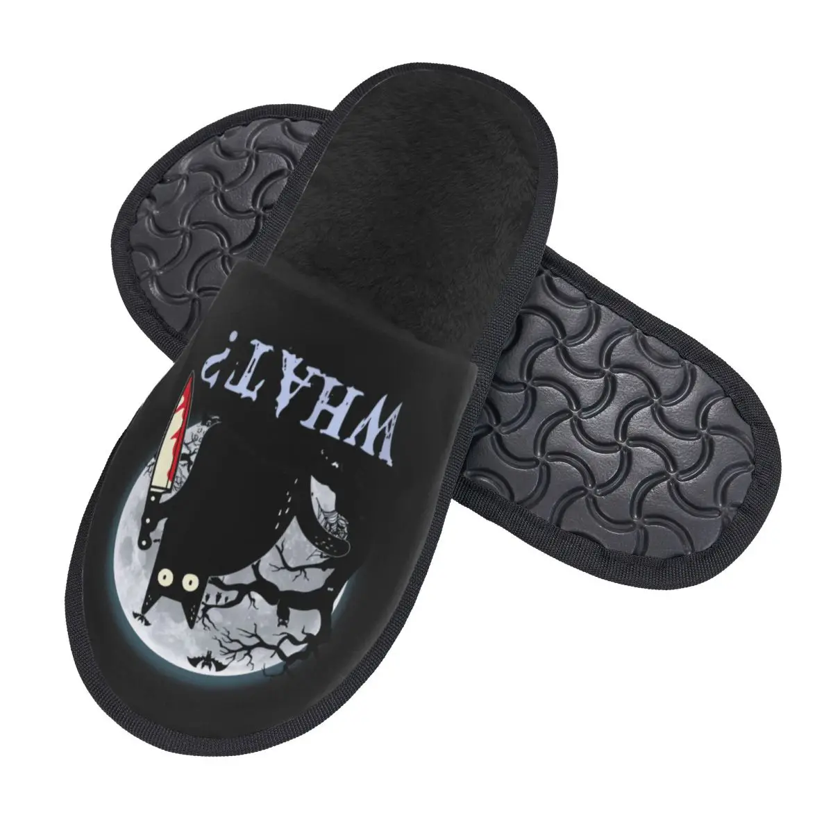 Custom Funny Cat What Murderous Black Cat With Knife Memory Foam Slippers Women Comfy Warm Halloween House Slippers