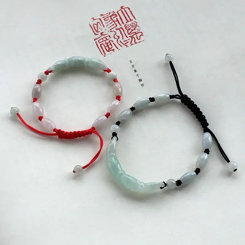 Natural Jade Emerald Beads Lotus Root Bracelet Adjustable Bangle Jewellery Fashion Accessories DIY Woman Luck Amulet