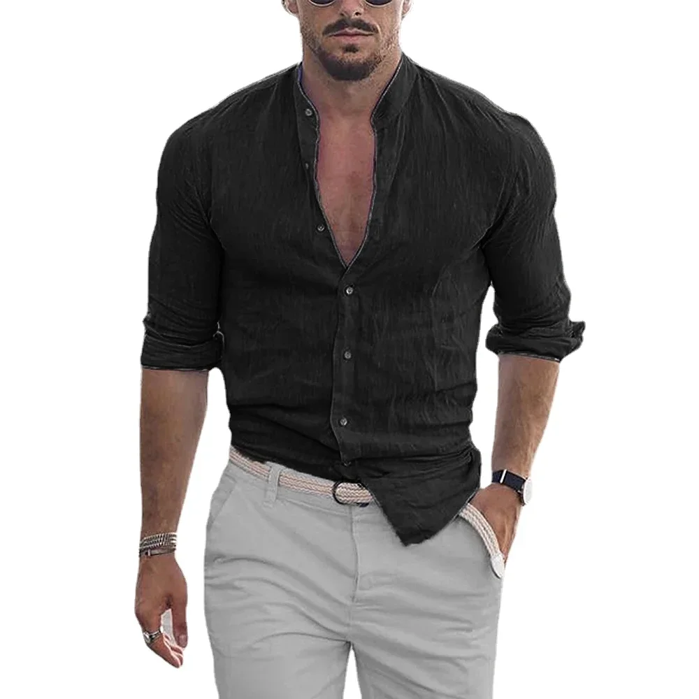 Camisa acogedora de lino y algodón para hombre, camisa de Color sólido, manga larga, holgada, ligera, transpirable, informal, versátil, primavera y otoño