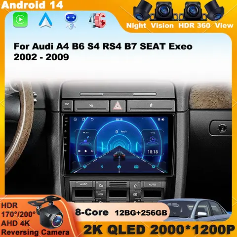 안드로이드 14 카플레이 아우디 A4 B6 S4 RS4 B7 세아트 엑세오 2002-2009 카 라디오 4G 와이파이 GPS 네비게이션 멀티미디어 비디오