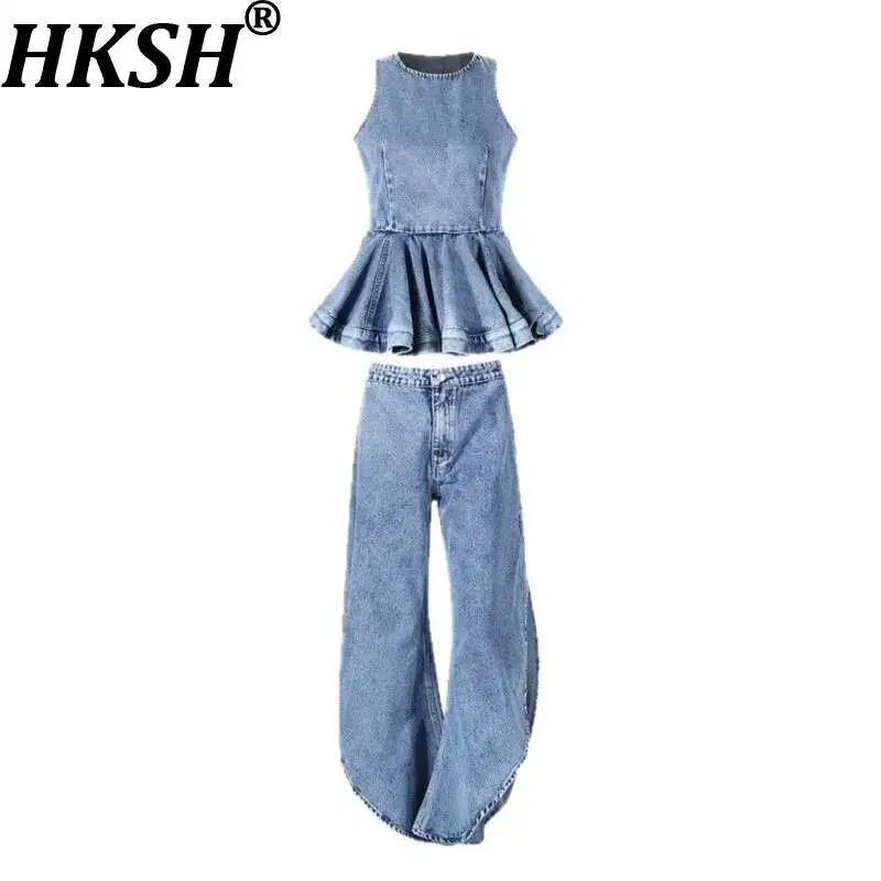 

Женский шикарный комплект HKSH: джинсовый жилет с круглым вырезом и оборками, модный топ на бретельках с утяжкой на талии, элегантные брюки с разрезами, повседневные джинсы, лето HK22593