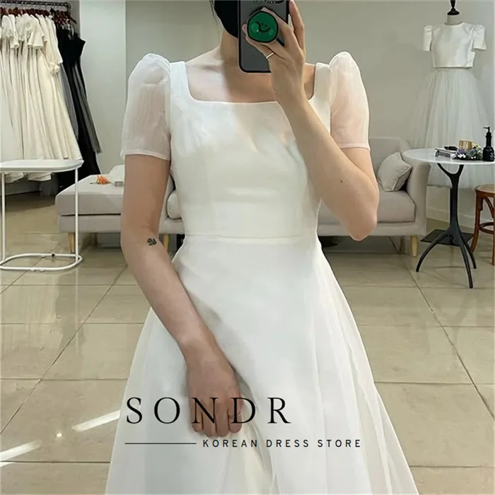 Sondr Elegant Square Neck Korea Garden Wedding Dresses Cap Sleeves Corset/Zipper Back Customized Organza Bride Gowns Party Bride