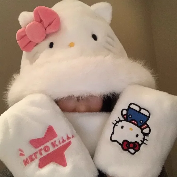 Новая шапка Kawaii Sanrio Hellokitty, шарф, интегрированная аниме, милая красота, женская зимняя теплая плюшевая шапка, студенческий рождественский подарок