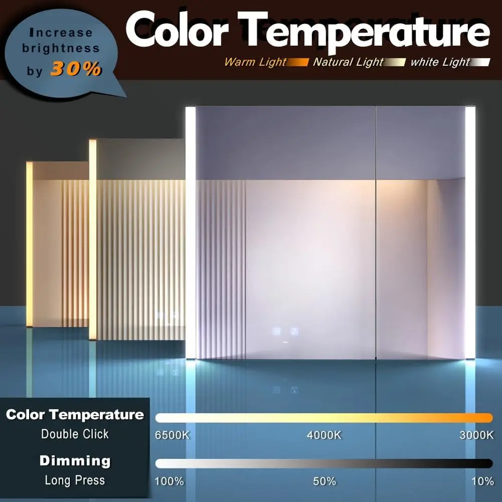 Armoire à pharmacie murale éclairée par LED avec ports USB, désembueur, lumière 3 couleurs, miroir de maquillage à intensité variable, installation facile, 31x