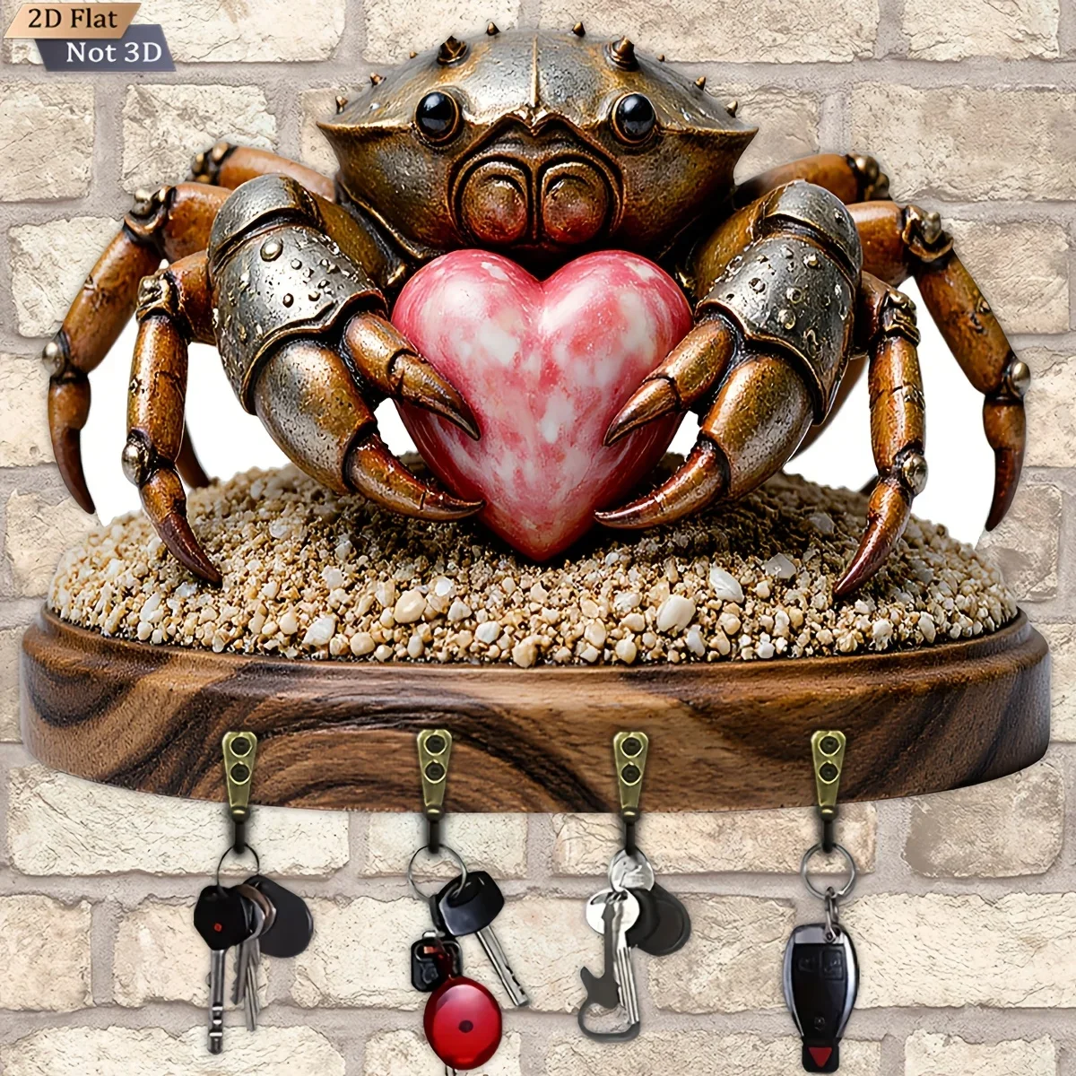 2D Flat, 1pc, Crab Holding a Heart Shape Key Hook, Wooden Multifunctional Home Key Hanger, with Four Metal Hooks, Wall