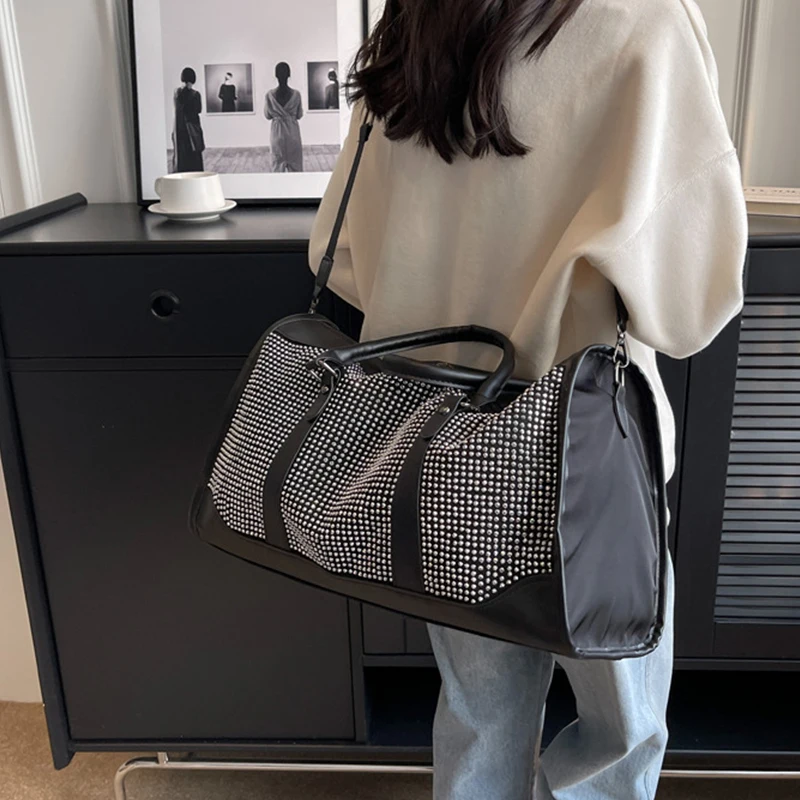 Bolso de viaje de gran tamaño para mujer, bolsa de mano con diamantes de imitación estéticos Y2K, tendencia de lujo, marca Boston, para fin de