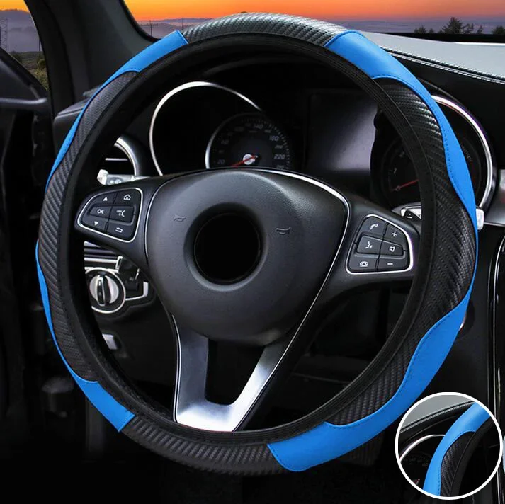 Blue+Black Carbon Fiber Leather Car Steering Wheel Cover For 37-38CM Universal