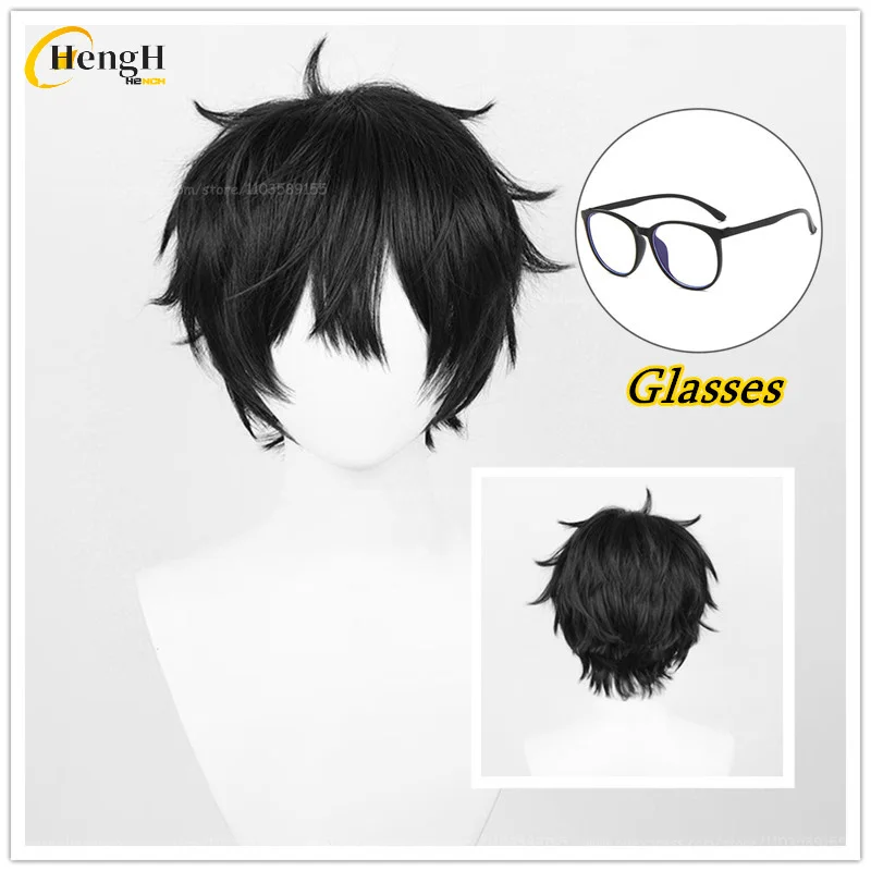 

In Stock Game P5 Amemiya Ren Synthetic 28cm Black Wig Kurusu Akira And Glasses Heat Resistant Hair Halloween Cosplay Anime Wigs
