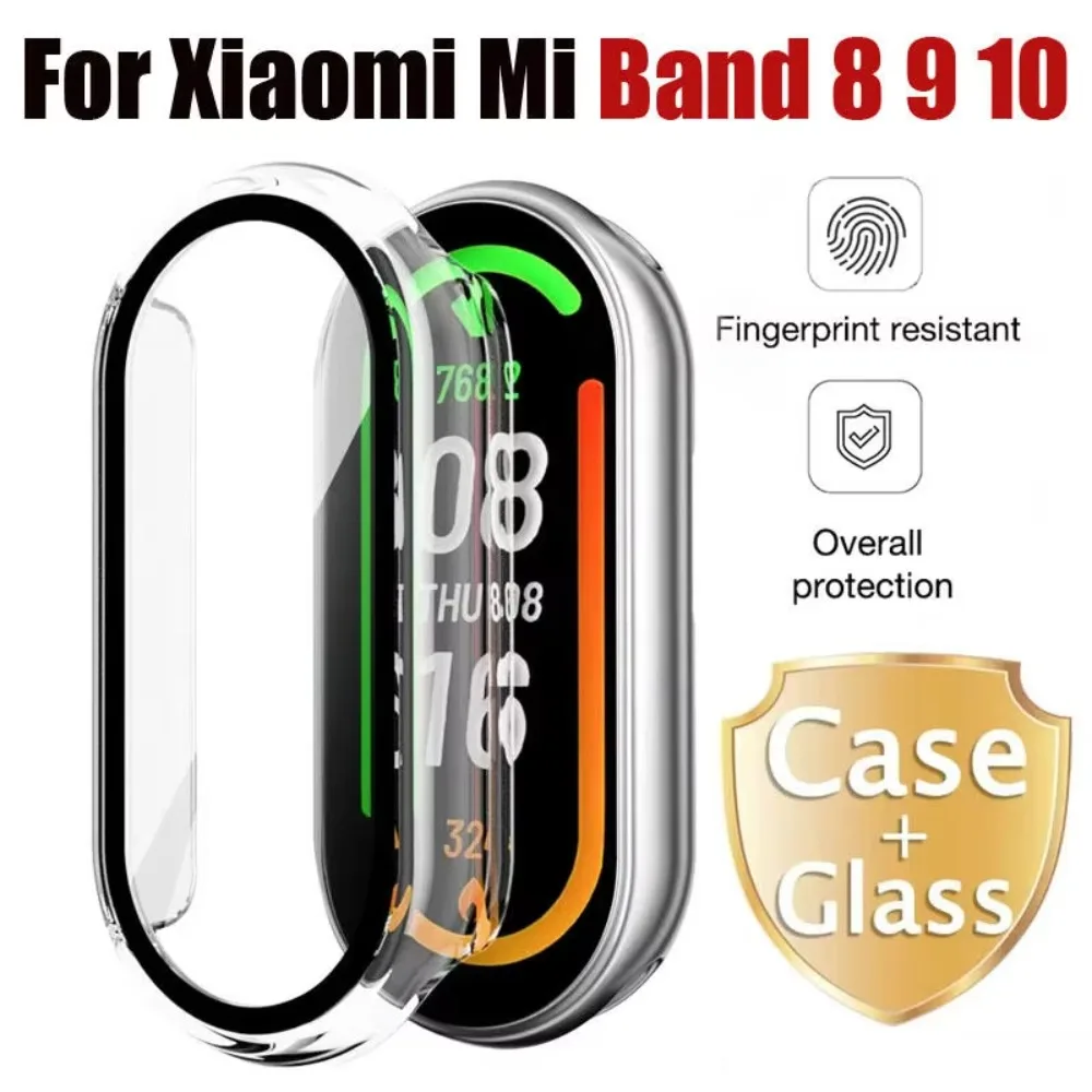 HD Tempered Glass+PC Case for Xiaomi Band 10 9 8 NFC Shell Membrane Integration Case for Mi Band 10 9 8 Upgraded Protector Cover