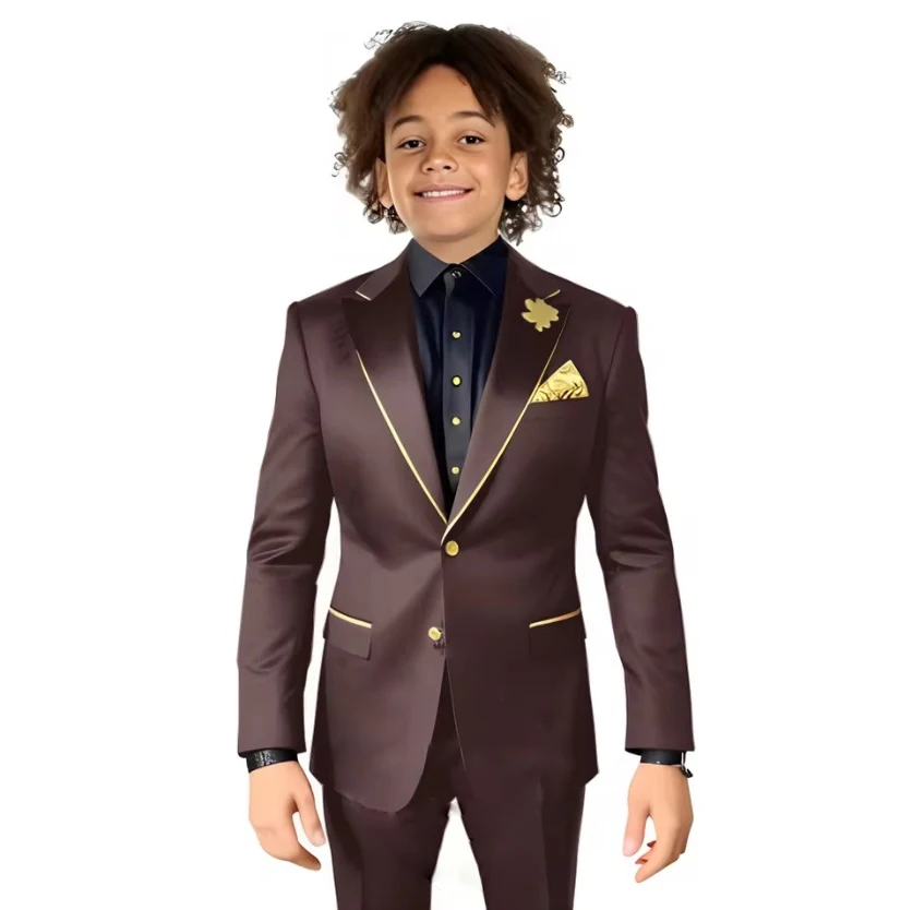 الذهب الساتان الأولاد دعوى الزفاف الأطفال سهرة السترة السراويل 2 قطعة مجموعة الذروة التلبيب 2-16 سنة مخصص الزي سليم صالح الصبي #4