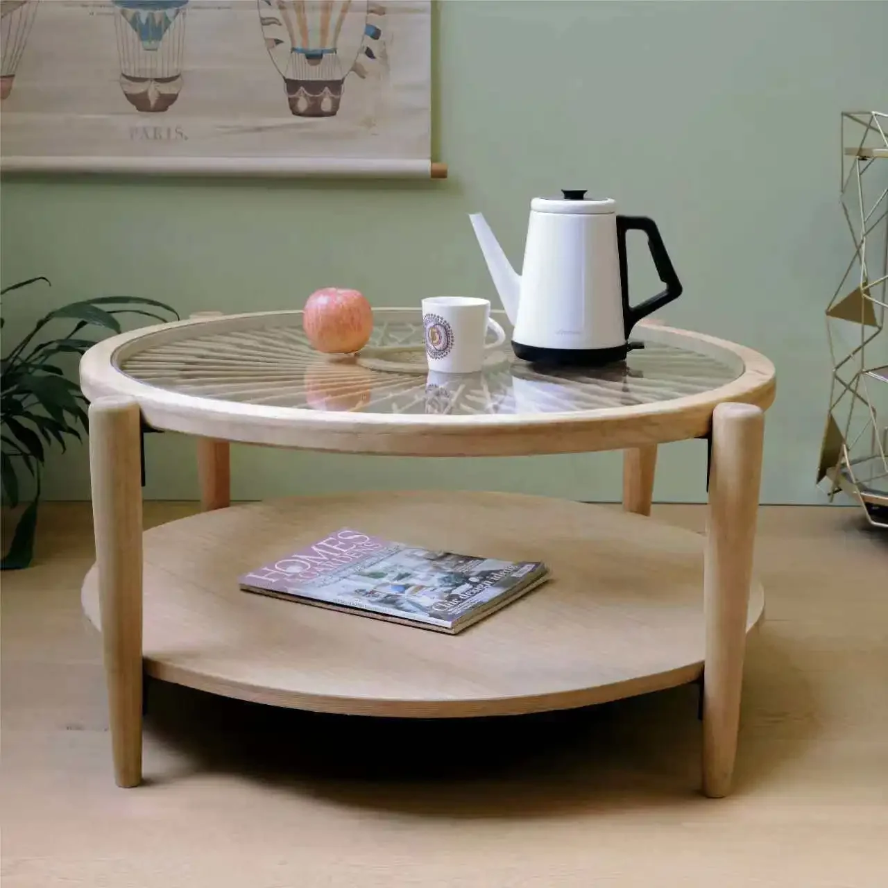 Solid wood Japanese handmade rattan circular design coffee table master design household simple sofa side pastoral table