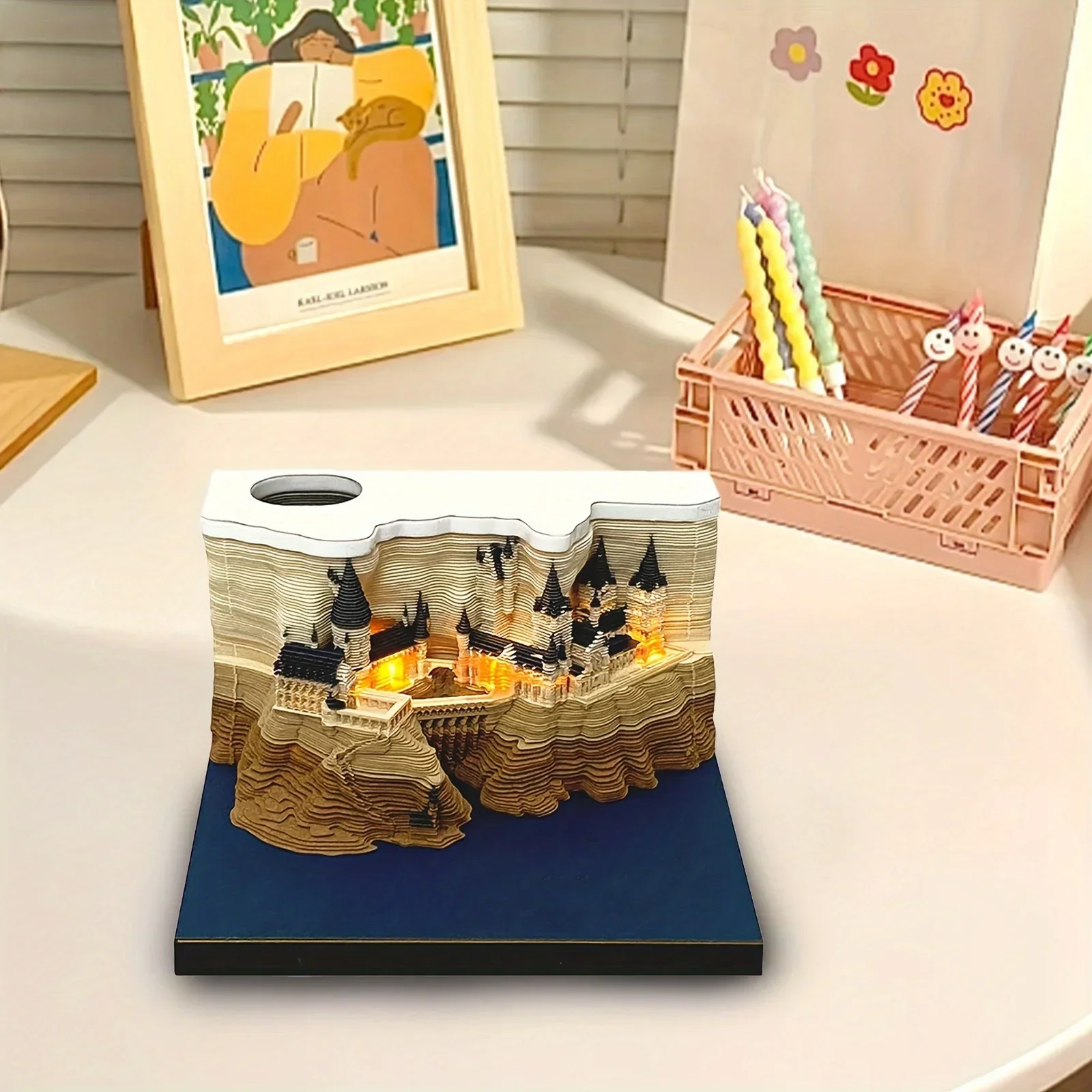 3D Castle Paper Sculpture Desk Calendar Meopad Magic Castle Pad Memo Tear-away Notepad Craft Gifts for Home Office School