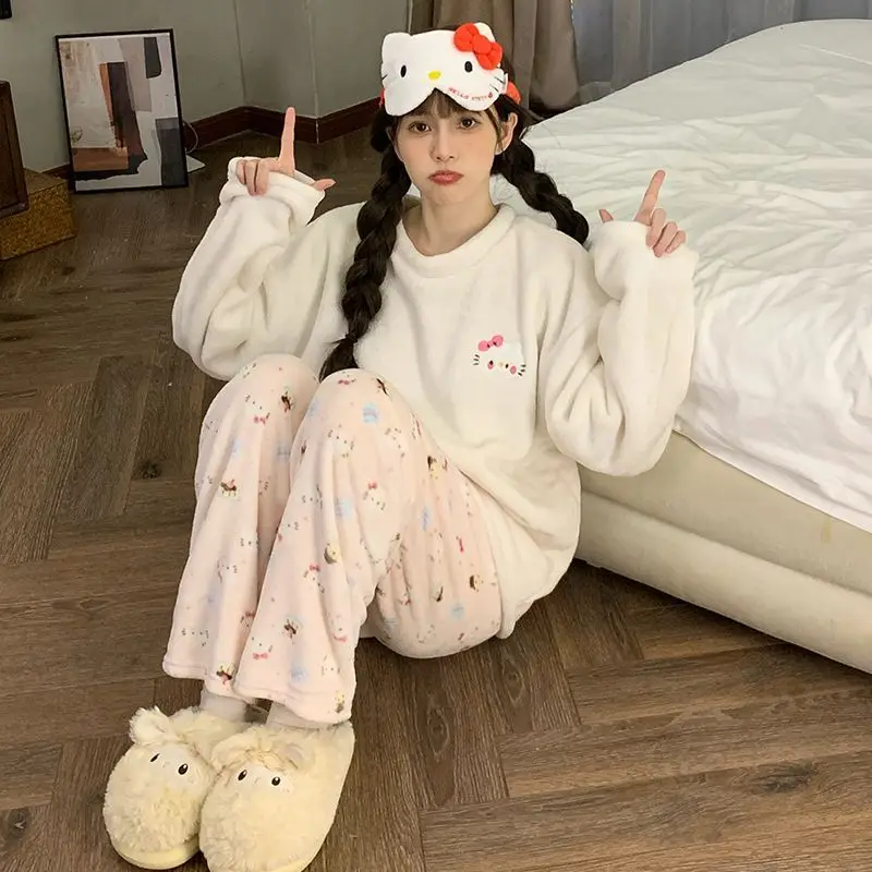 Kuchen Hellokitty Winter Flanell Mädchen Langarm Hosen Plus Samt Verdickt Bequeme Warme Pyjamas Set Lose Hause Kleidung