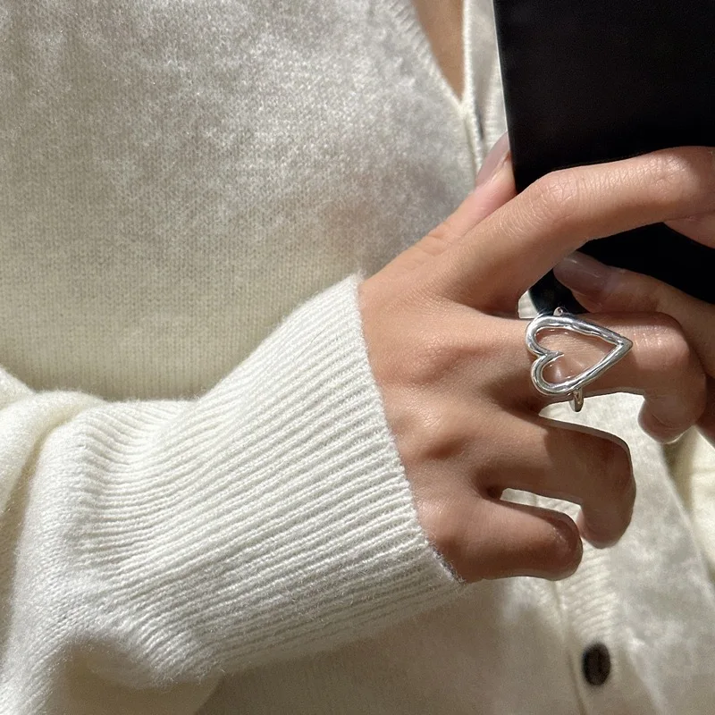 BF CLUB 925 Sterling Rings for Women Fashion Geometric Handmade Irregular Hollow Heart Ring Party Christmas Gift