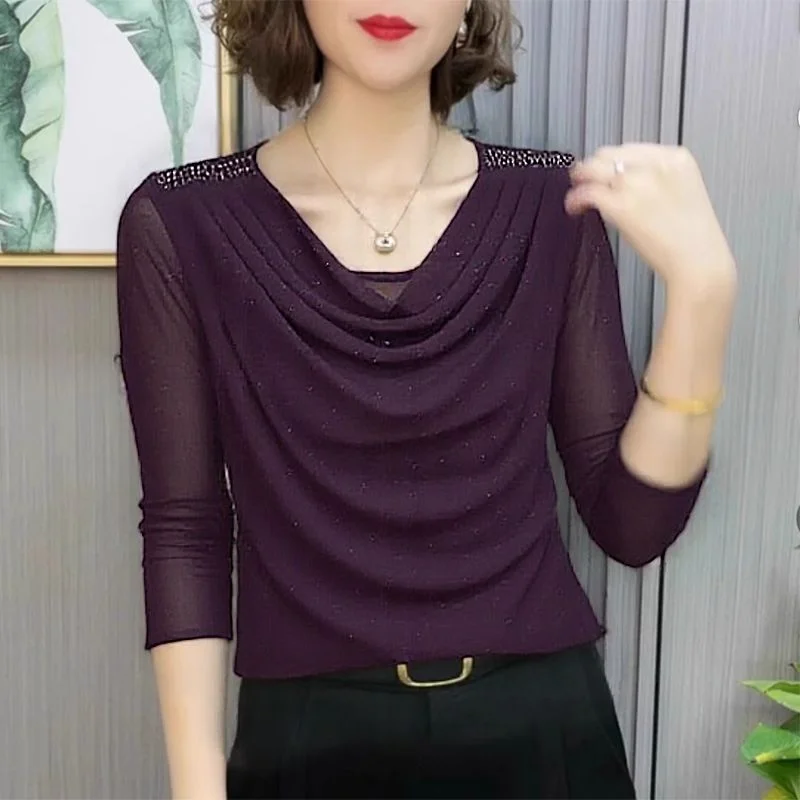 Pile Collar Versatile Gauze Solid Color Long-sleeved Women's T-shirt Diamond-studded Pullover Slim Fit Top