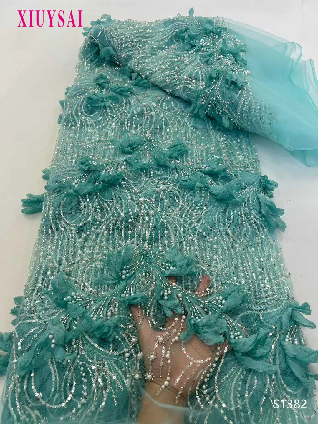 

African Luxury Beaded Tulle Lace Fabric Heavy Sequins Nigerian Handmade for Bridal Wedding Dress Party Sewing 2026