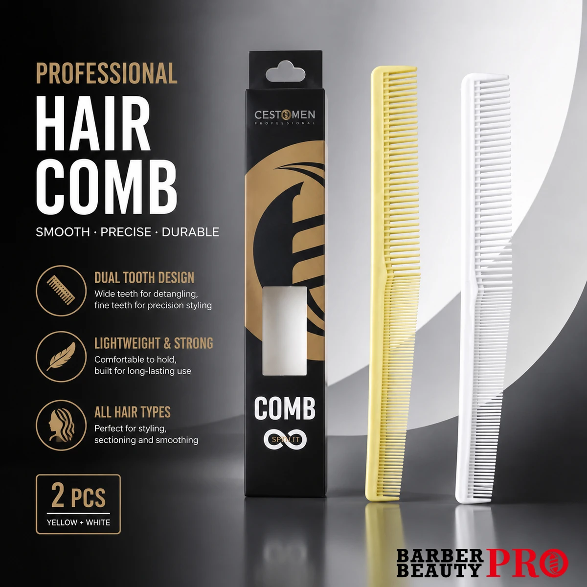 2Pcs Professional Dual-Teeth Hair Cutting Comb Barber Comb Fine & Wide Teeth Hair Styling Sectioning Comb for Home & Salon