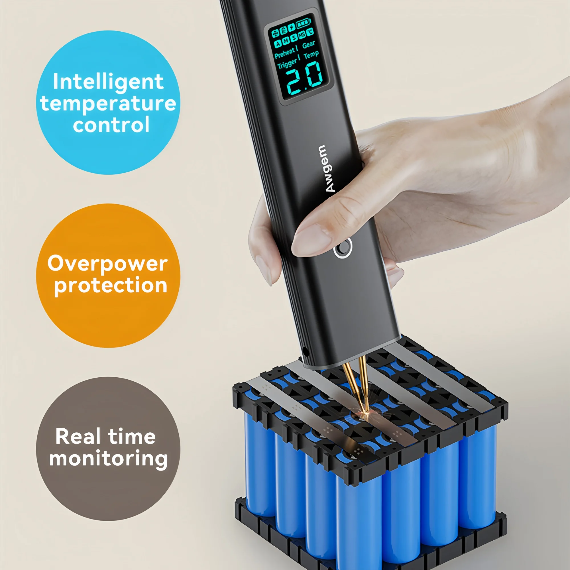 Awgem Tragbares Punktschweißgerät, DIY-Handpunktschweißgerät, 99 Gänge, verstellbares Punktschweißen für 18650-Lithium-Batterie – Detail 18