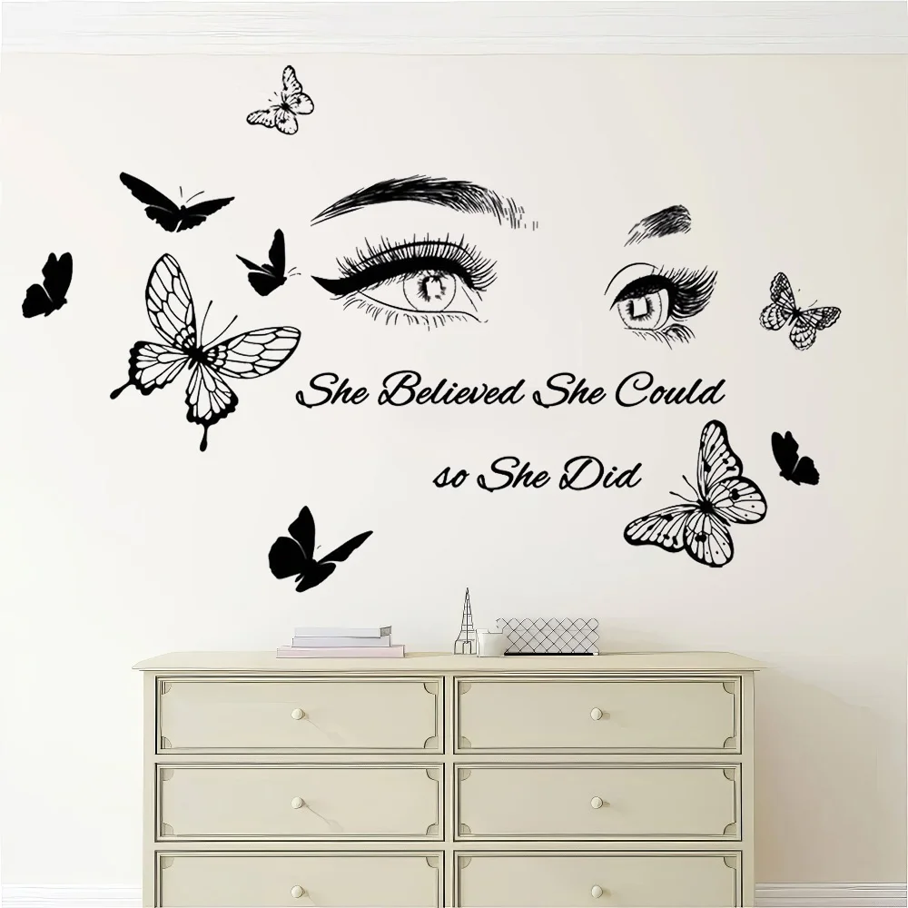 large size beautiful lash for salon with butterfly Wall Sticker Pvc Wall Art Stickers Modern Fashion Wallsticker for hairdress