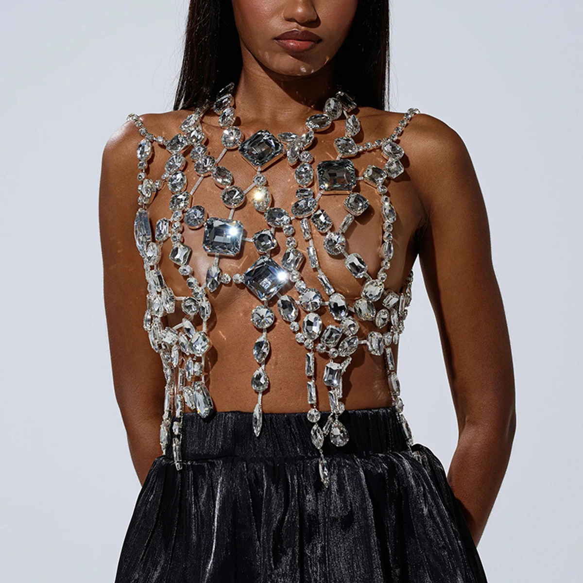 Nightclub Exaggerated Rhinestone Bra Chain Top Sexy Accessories Rave Hot Geometric Crystal Body Chain Lingerie Party for Women