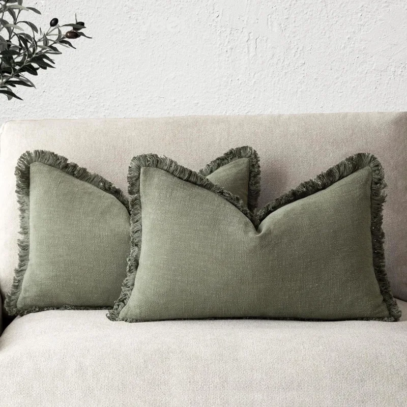 Cotton Cushion Cover 45x45cm Tassel Solid Color Green Throw Pillow Cover Decorative Bed Living Room Sofa Noric Modern Home Decor