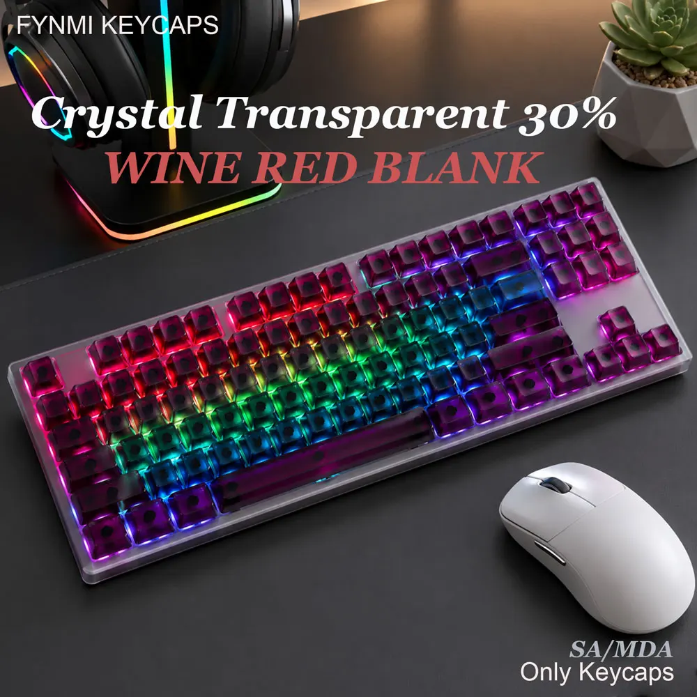 Fynmi Crystal Wine Red Blank Transparent 30% Shine Through MDA Keycaps ANSI/ISO Layout 122 keys Full Size Keycaps
