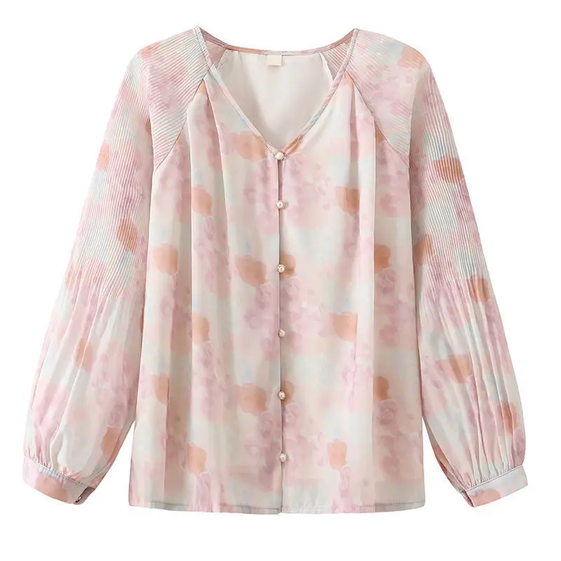 Floral Print V Neck Sweet Chic Pleated Street Button Shirts Casual Loose Long Sleeve Top Blouse Women Blusas Mujer De Moda 2023