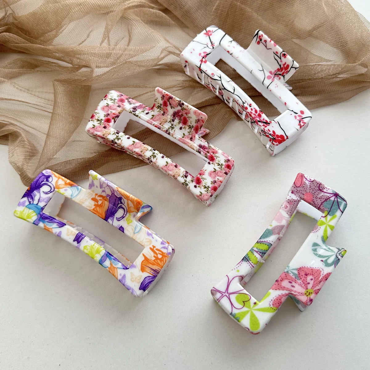 용수철 여름 꽃 사각 클립, 컬러 인쇄, 여성용 머리핀, 상어 클립, 헤어 액세서리, 신제품