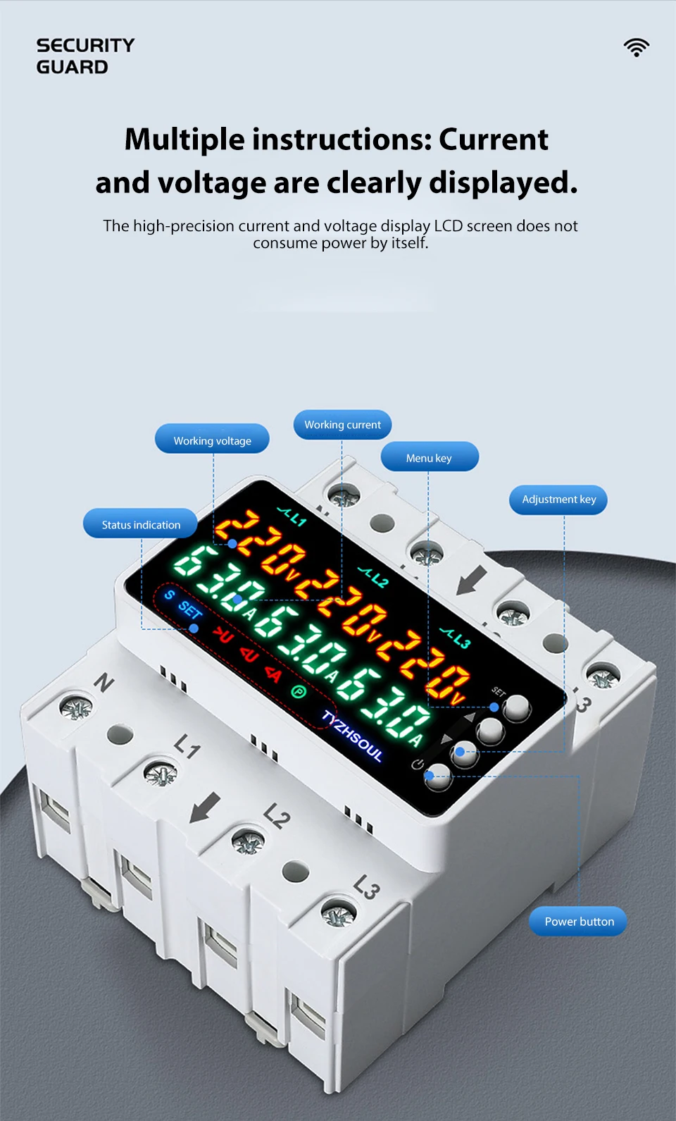 3 Phasen 63 A/100 A DIN-Schiene Voltmeter Amperemeter Einstellbare Über- und Unterspannung Strombegrenzung Schutz Monitor Relais Schutz – Detail 6