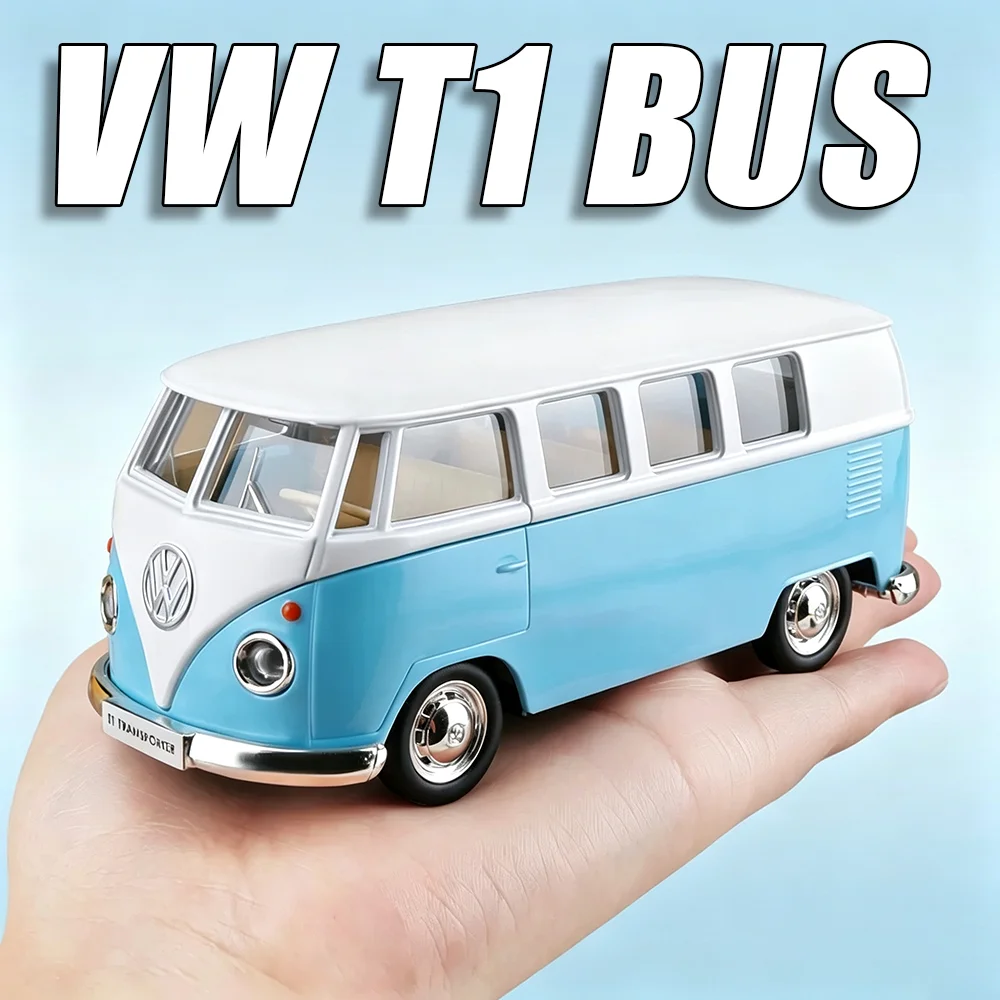 1:36 Maßstab Volkswagen VW T1 Bus Modell Spielzeugauto aus Legierung, mit zu öffnenden Türen, simuliertem Innenraum, Rückzugsantrieb, Dekorationsmodelle, Geschenke