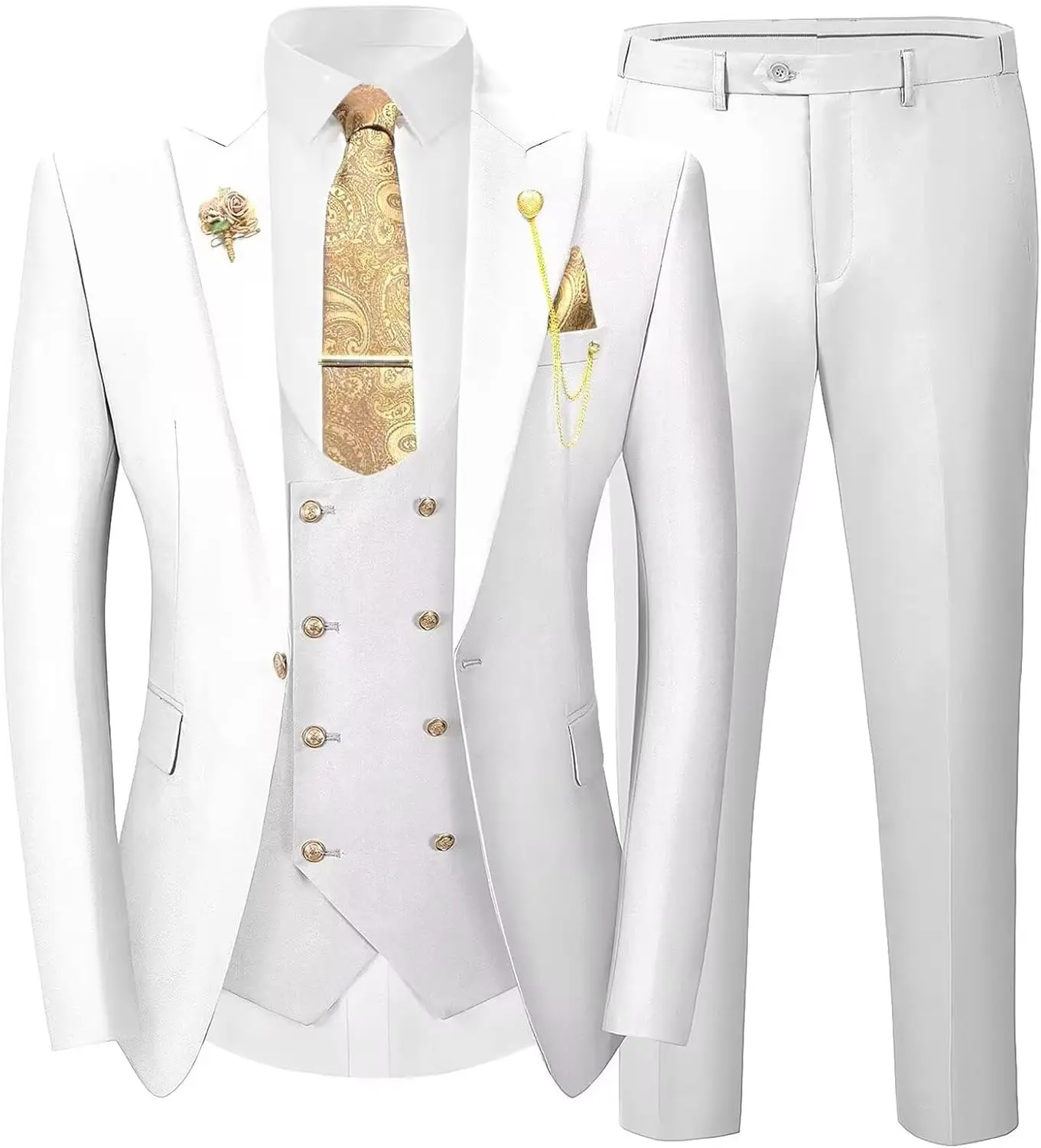 

3 Pieces Suits for Mens Slim Fit Gold Button Double Breasted Suit Men Tuxedos Wedding Suits Set Mens White Suit